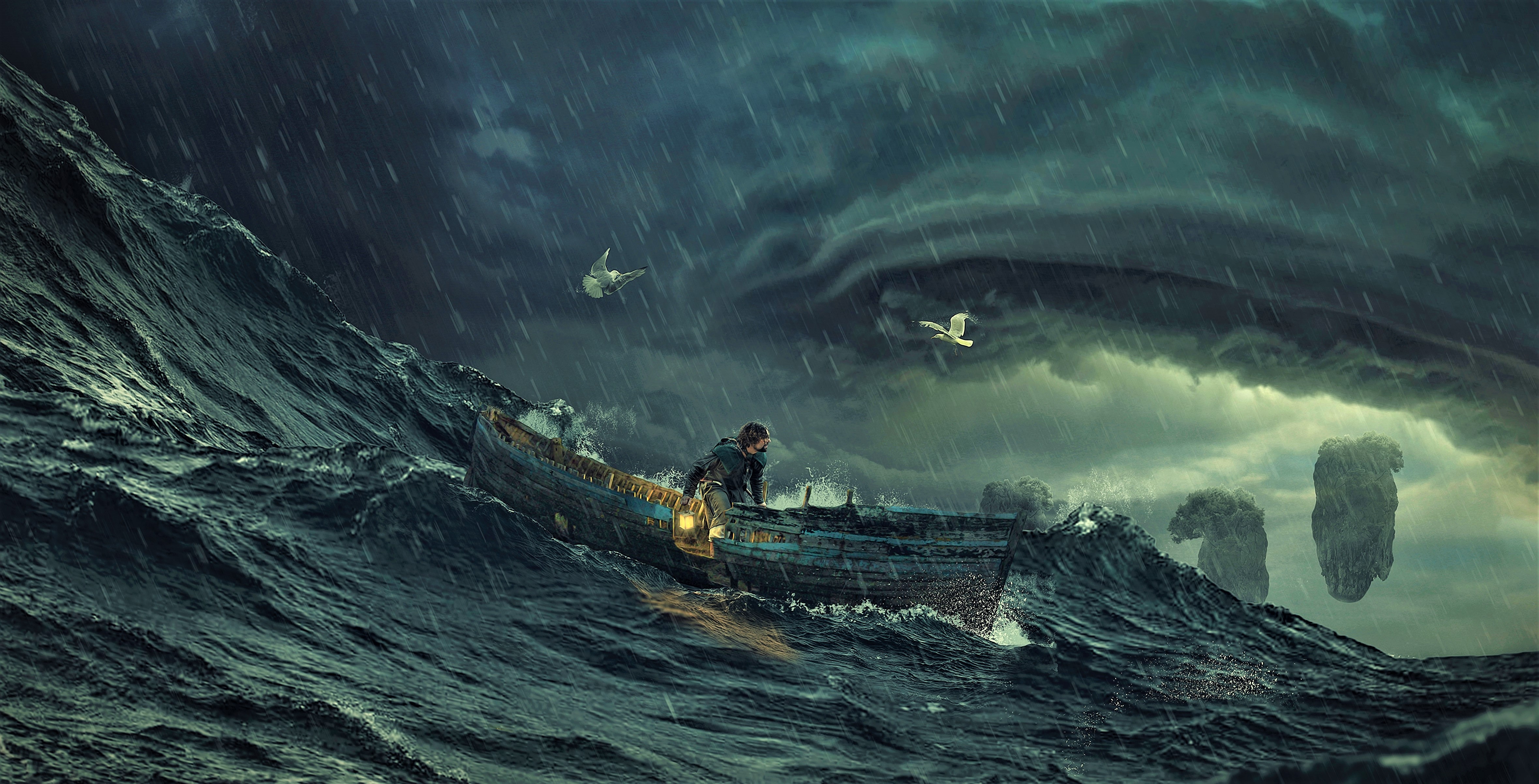 Fantasy Man With Cat And Paper Boat In Ocean Sea Wallpapers