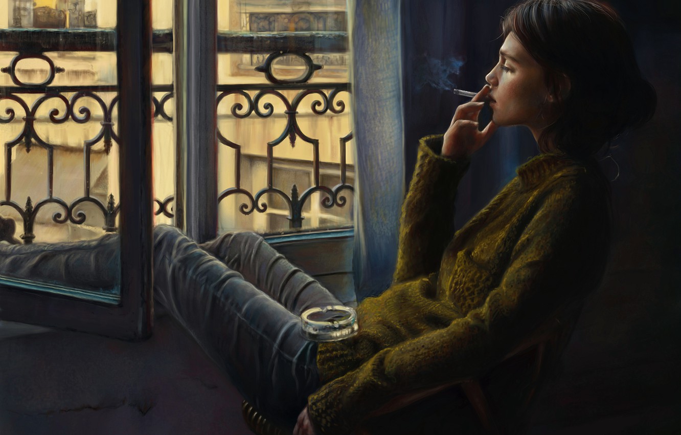 Girl Smoking Near Window Artwork Wallpapers