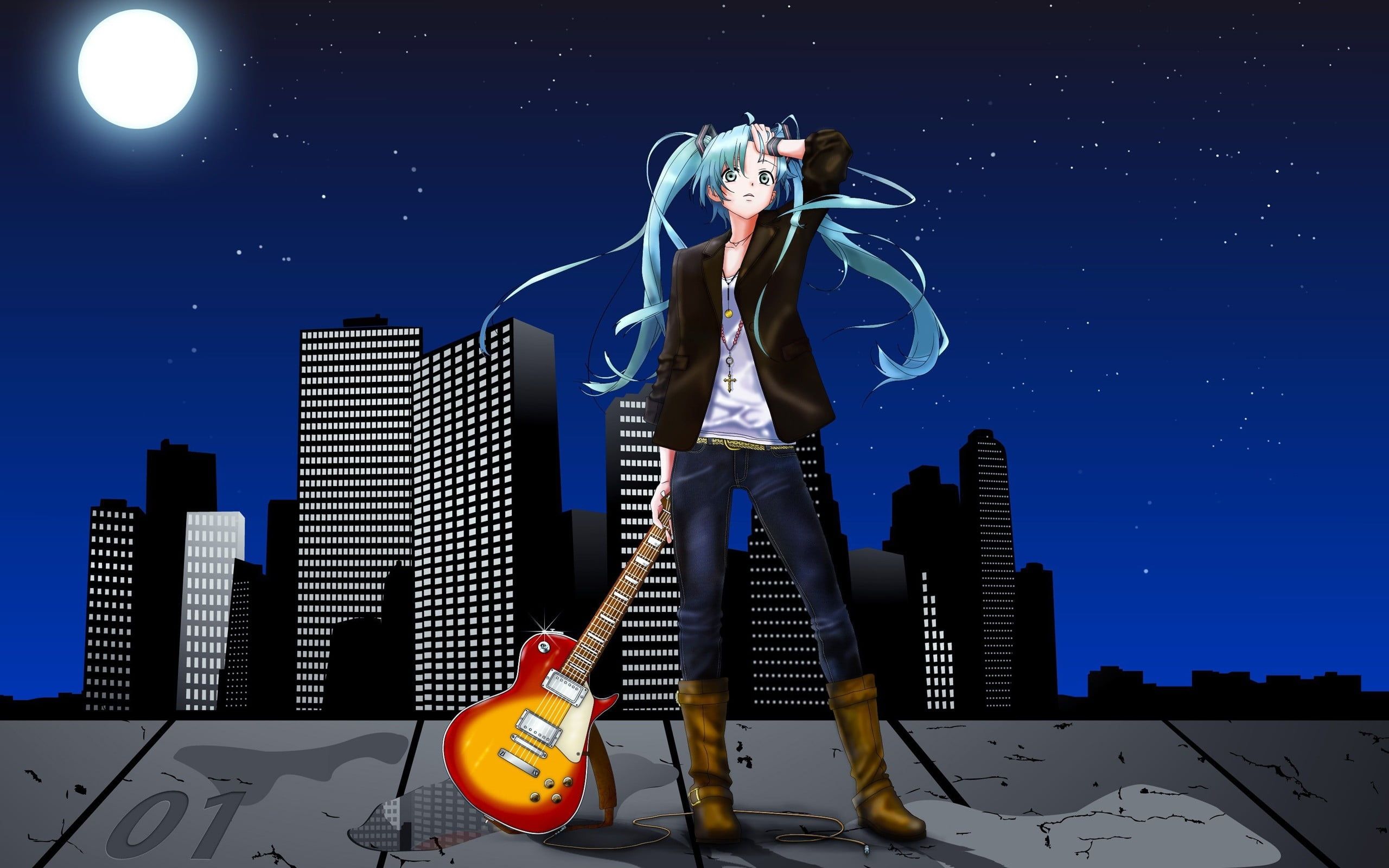 Little Boy On Full Moon Night Playing Guitar Art Wallpapers