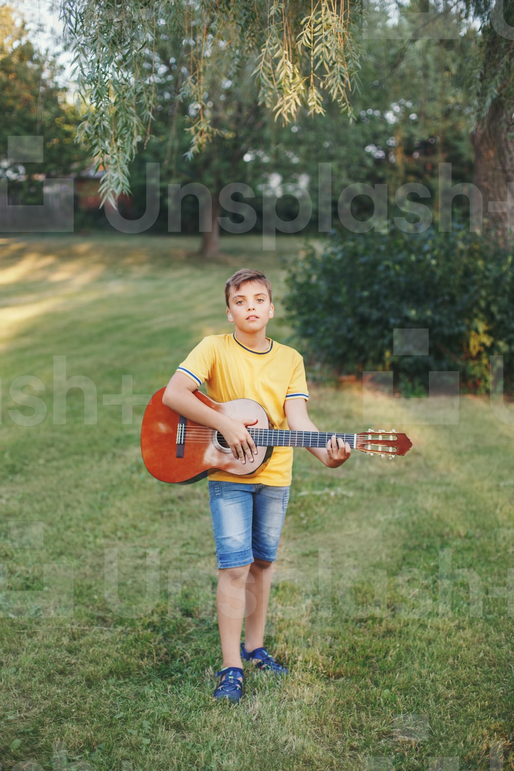 Little Boy On Full Moon Night Playing Guitar Art Wallpapers