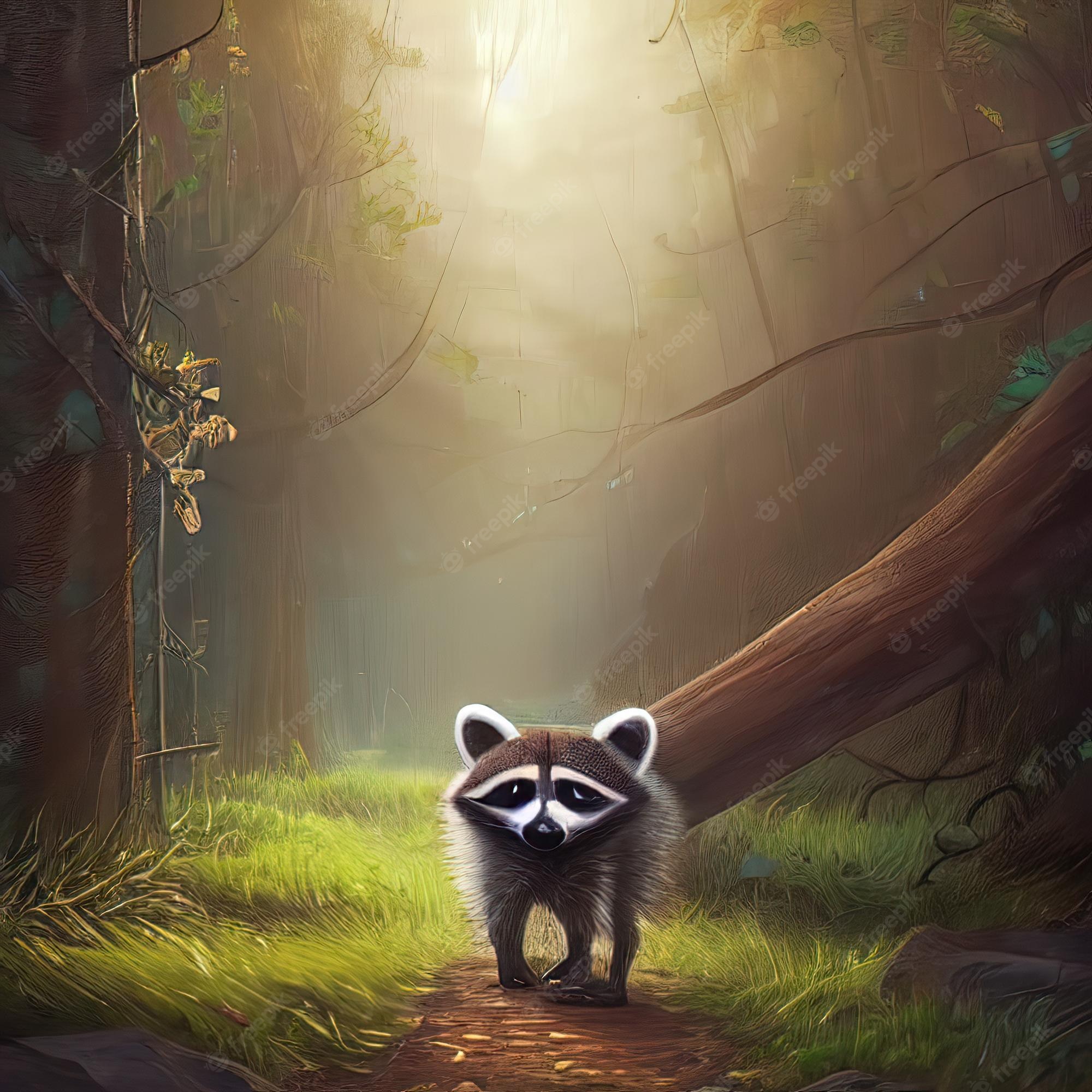 Little Raccoon In Forest Arwork Wallpapers