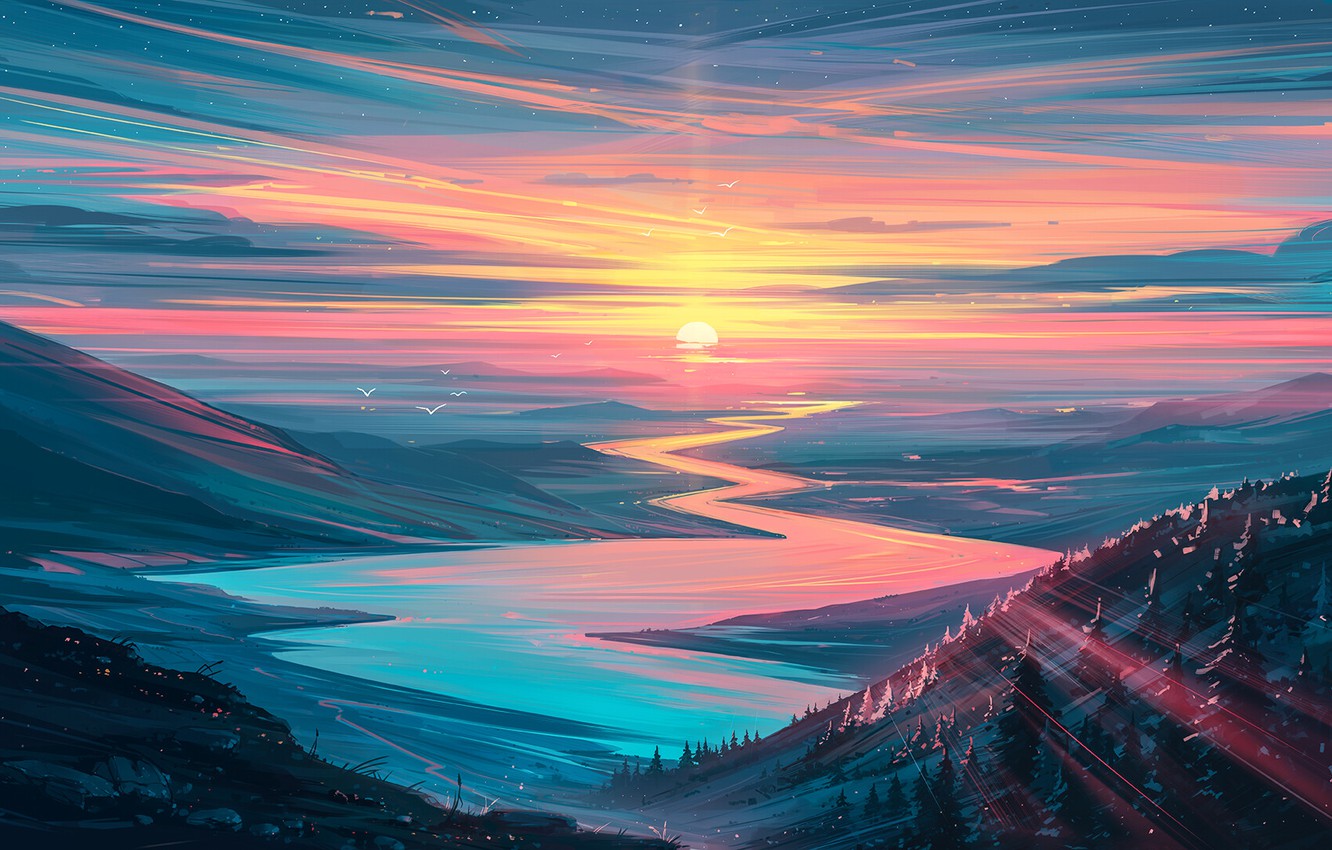 Nature Sunset Near Mountain River Artwork Wallpapers