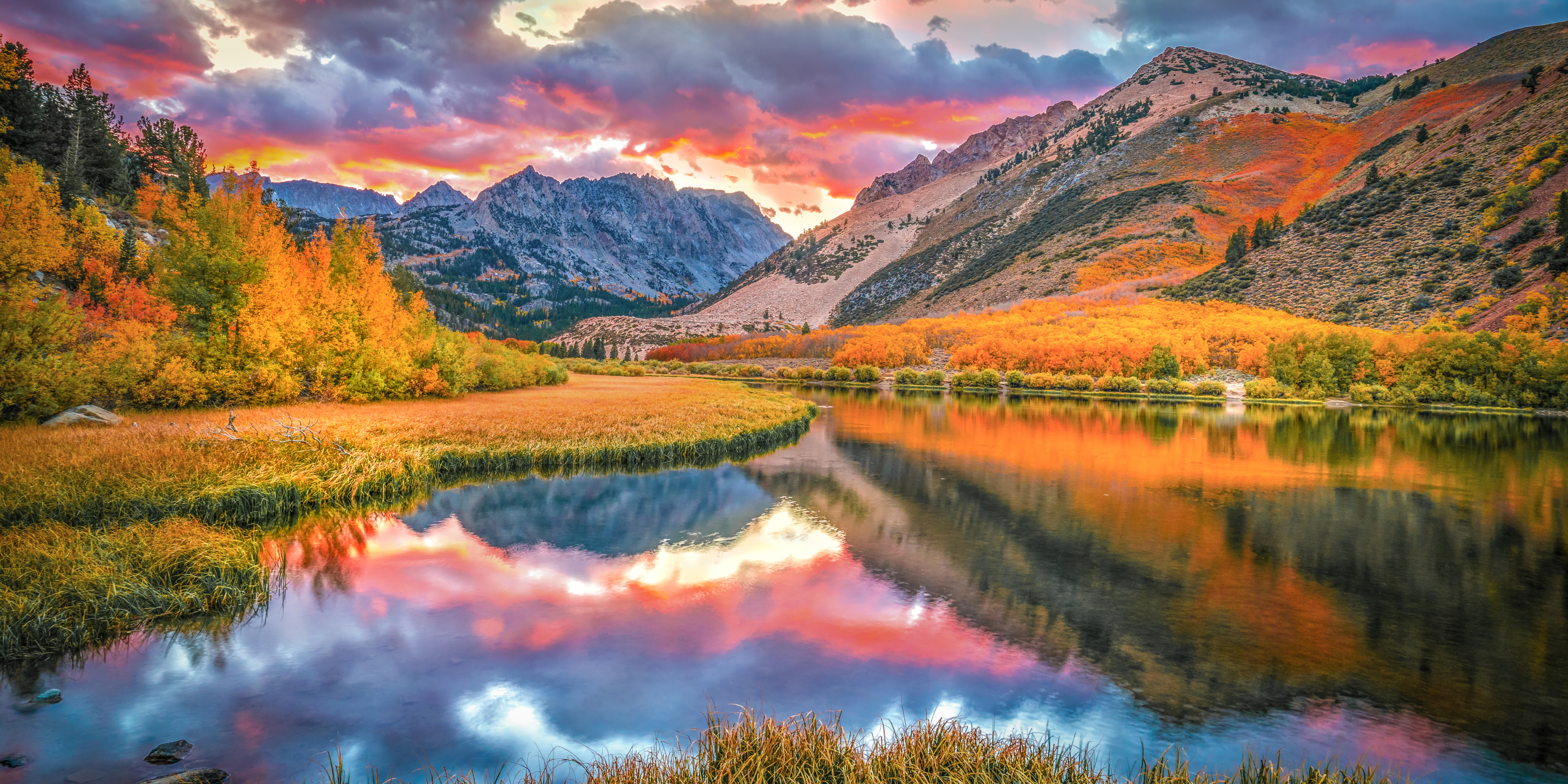 Nature Sunset Near Mountain River Artwork Wallpapers