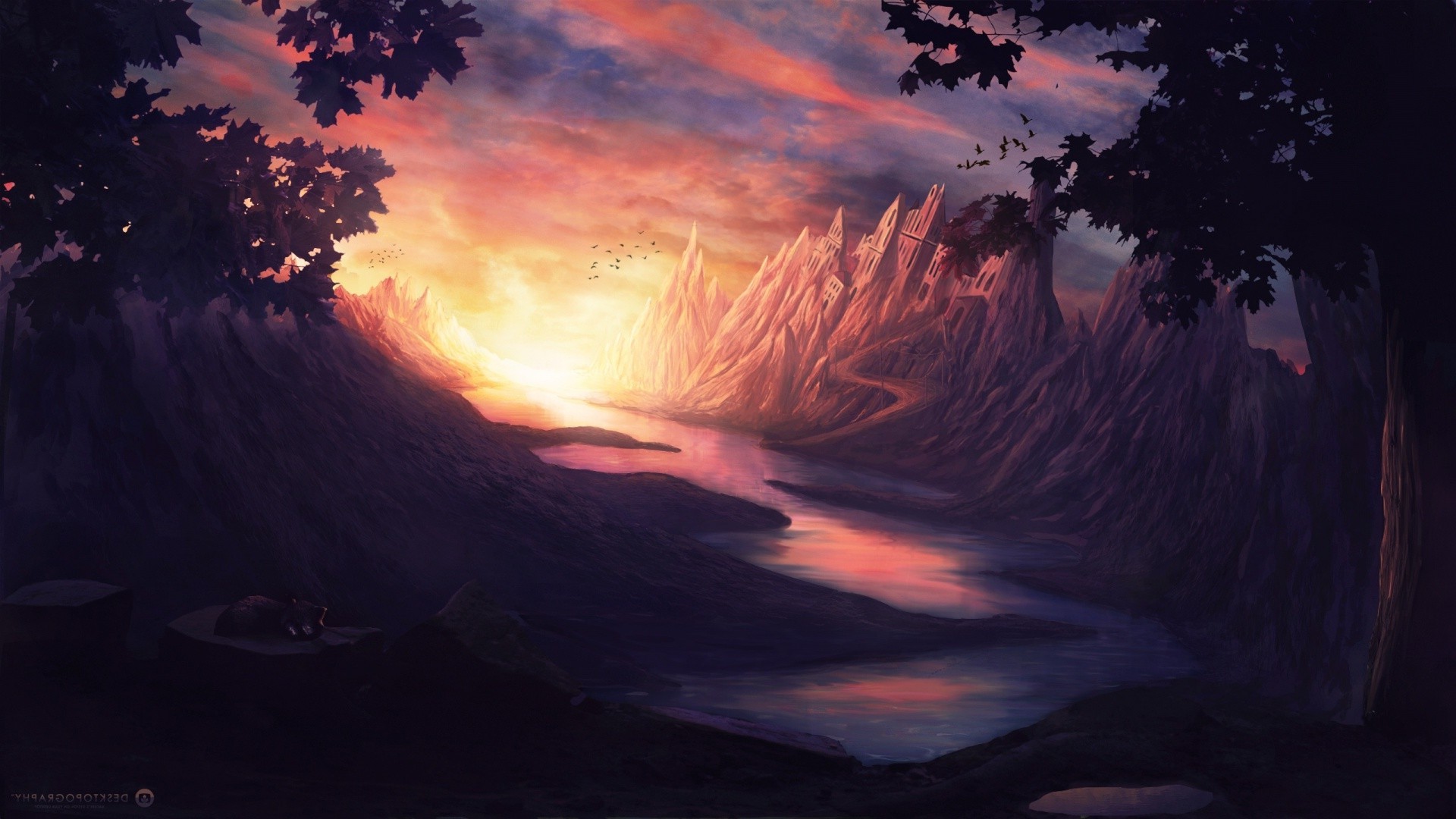 Nature Sunset Near Mountain River Artwork Wallpapers