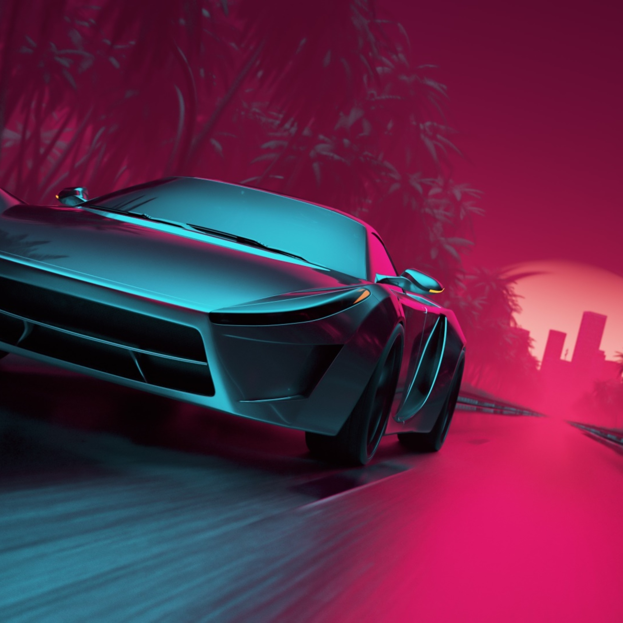 Neon Car Driving To The Moon Wolf Wallpapers