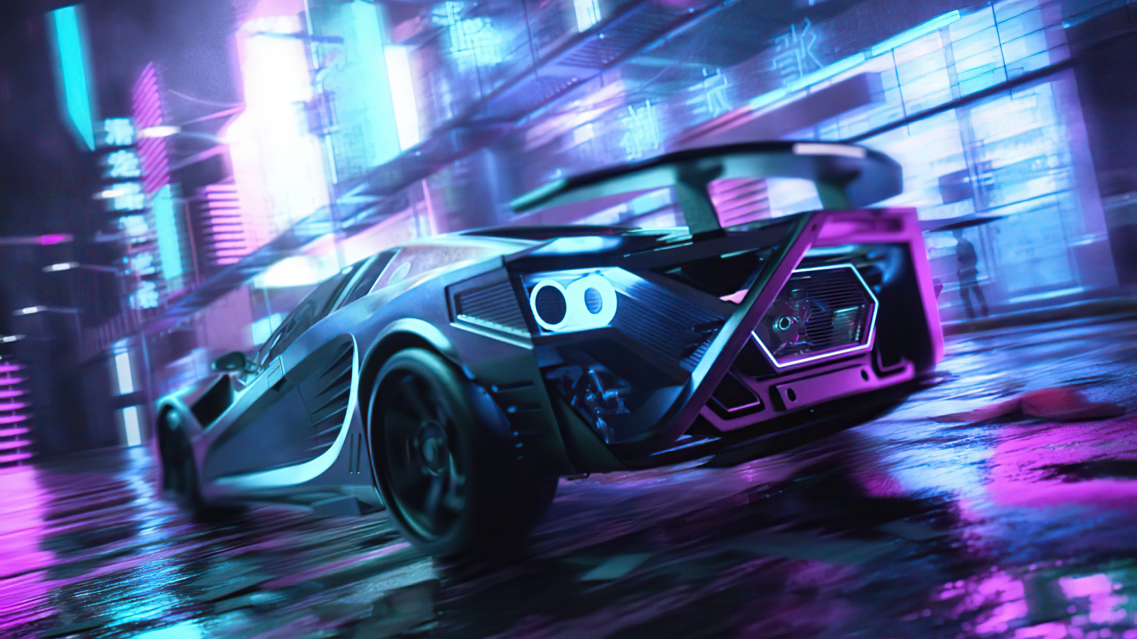 Neon Car Driving To The Moon Wolf Wallpapers