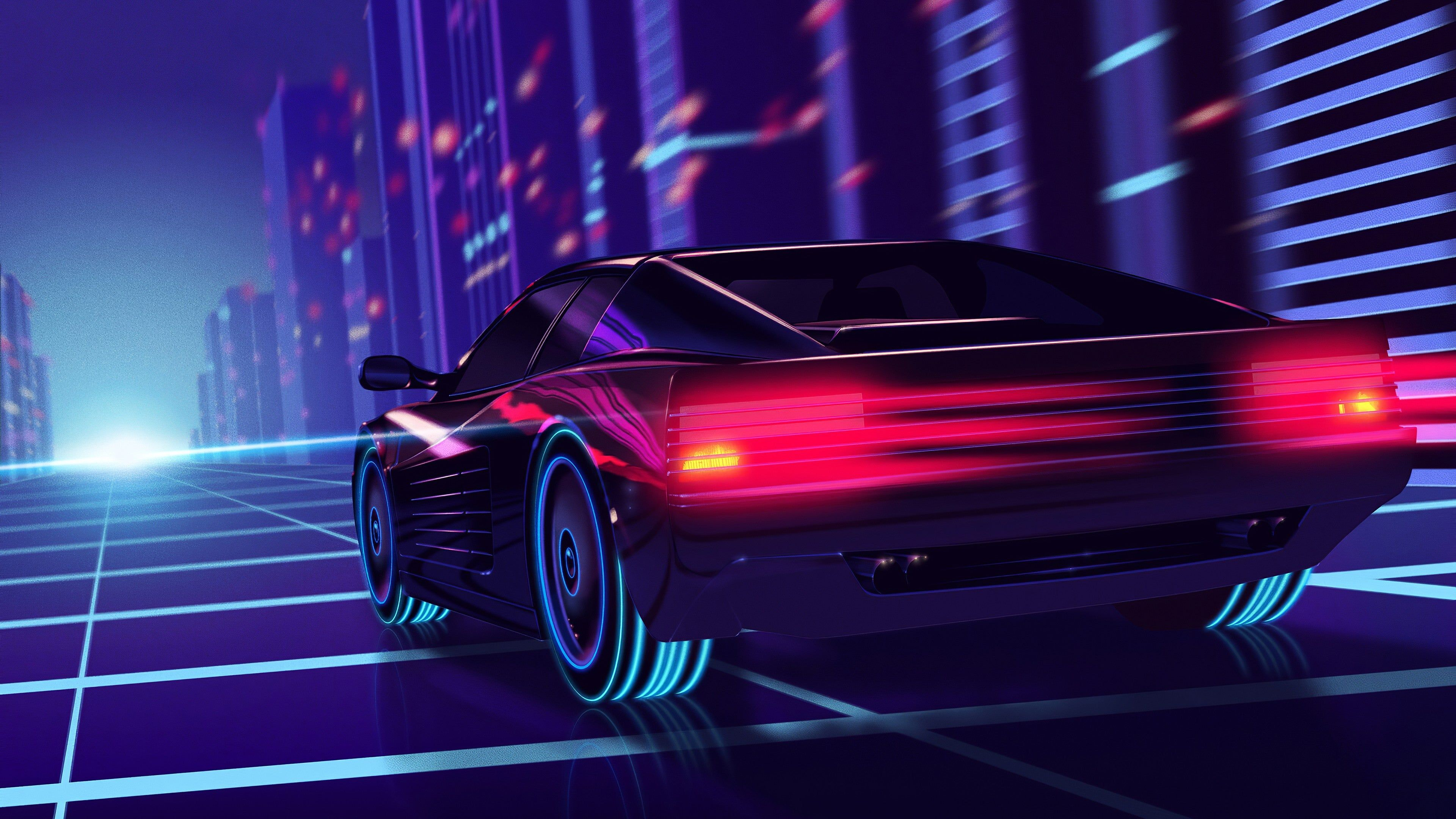 Neon Car Driving To The Moon Wolf Wallpapers