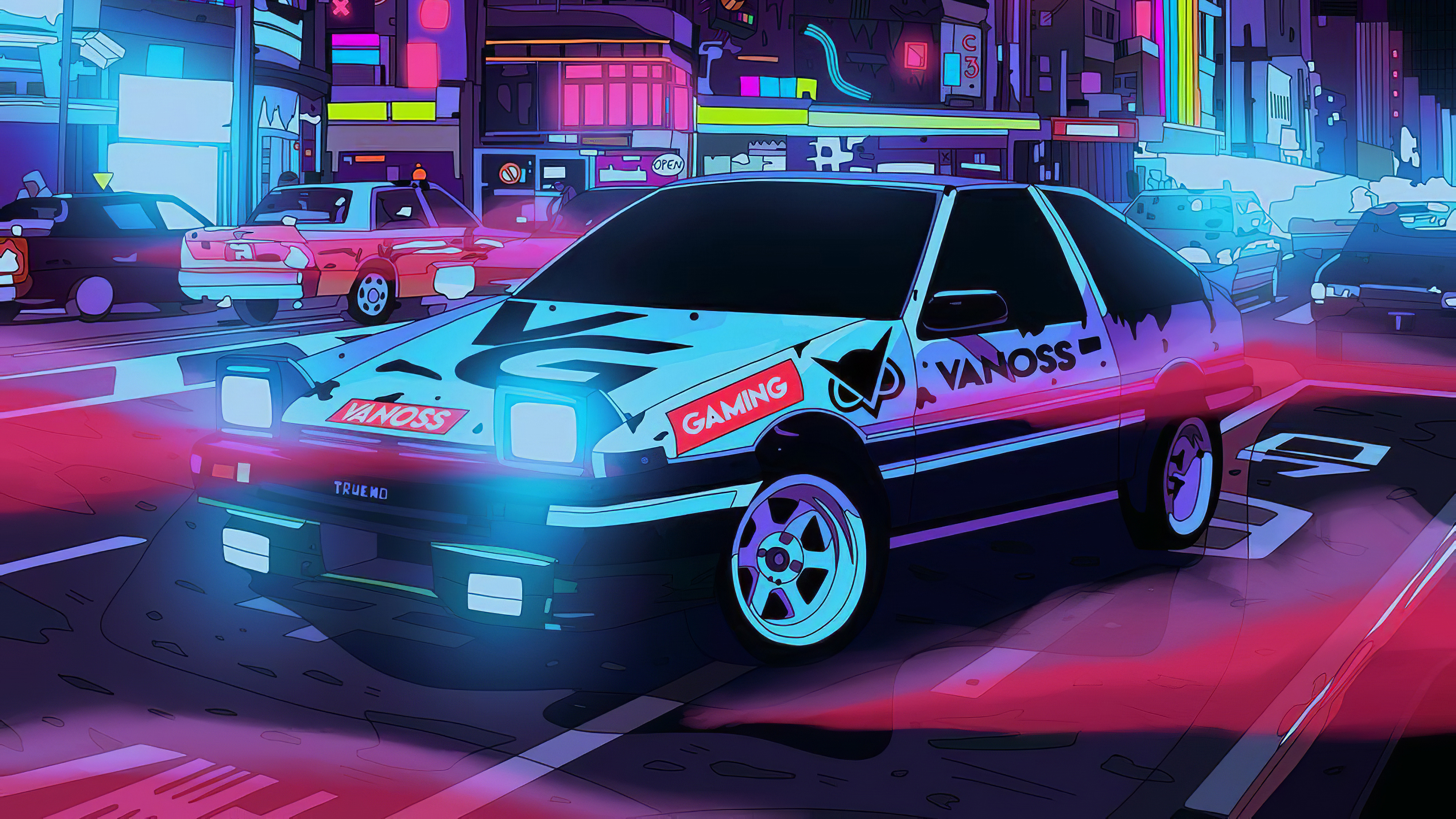 Neon Car Driving To The Moon Wolf Wallpapers