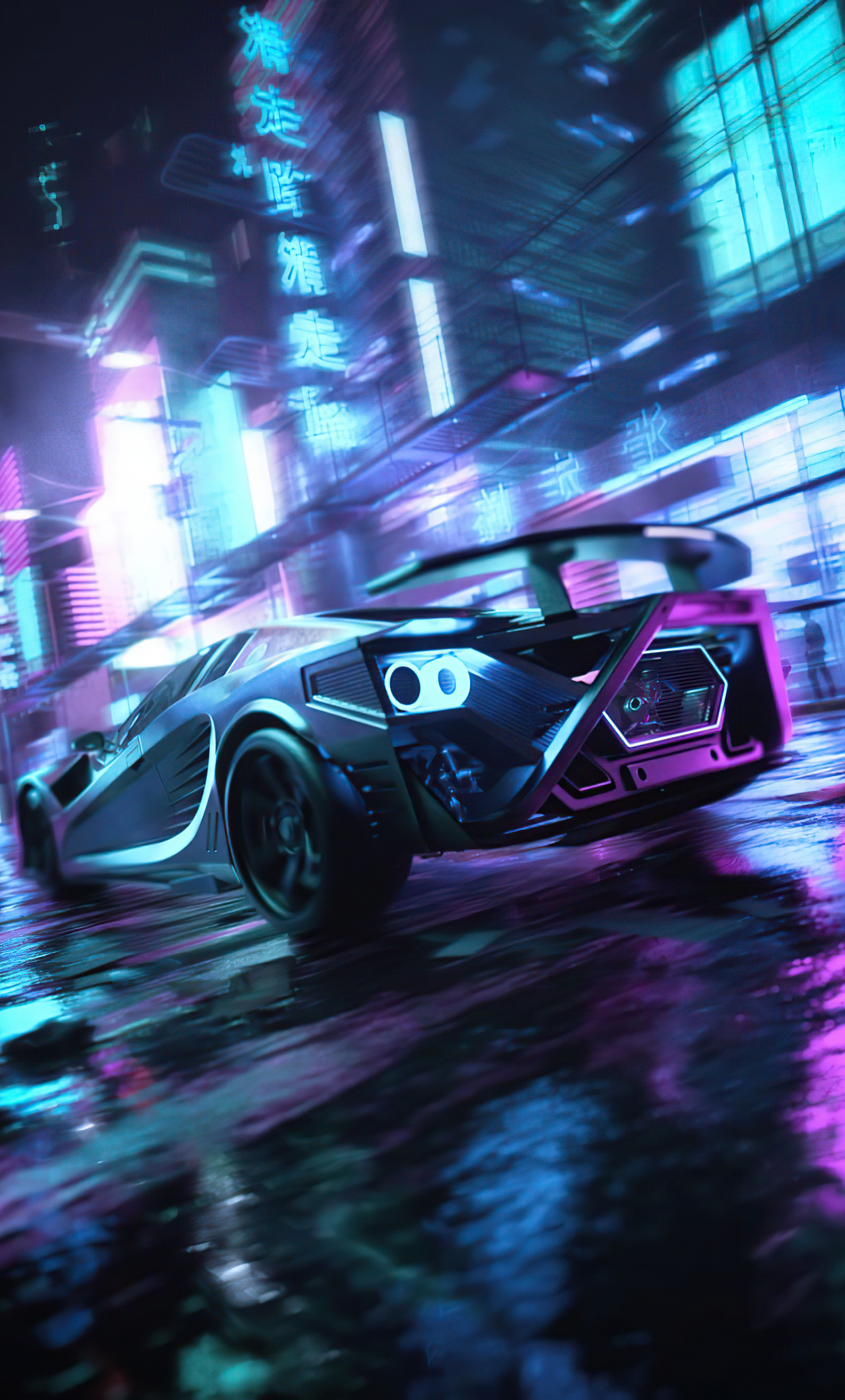 Neon Car Driving To The Moon Wolf Wallpapers