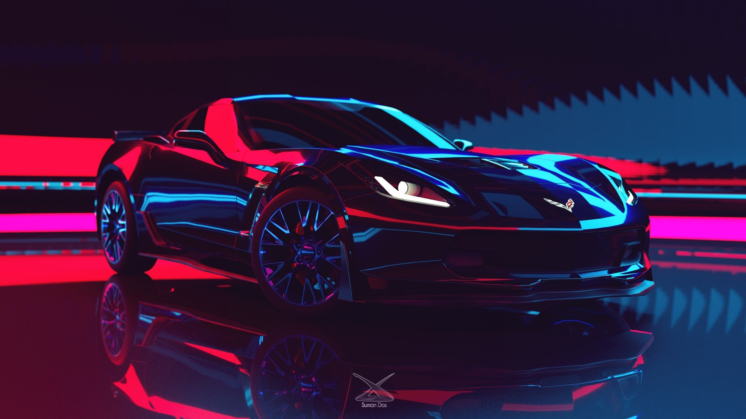 Neon Car Driving To The Moon Wolf Wallpapers