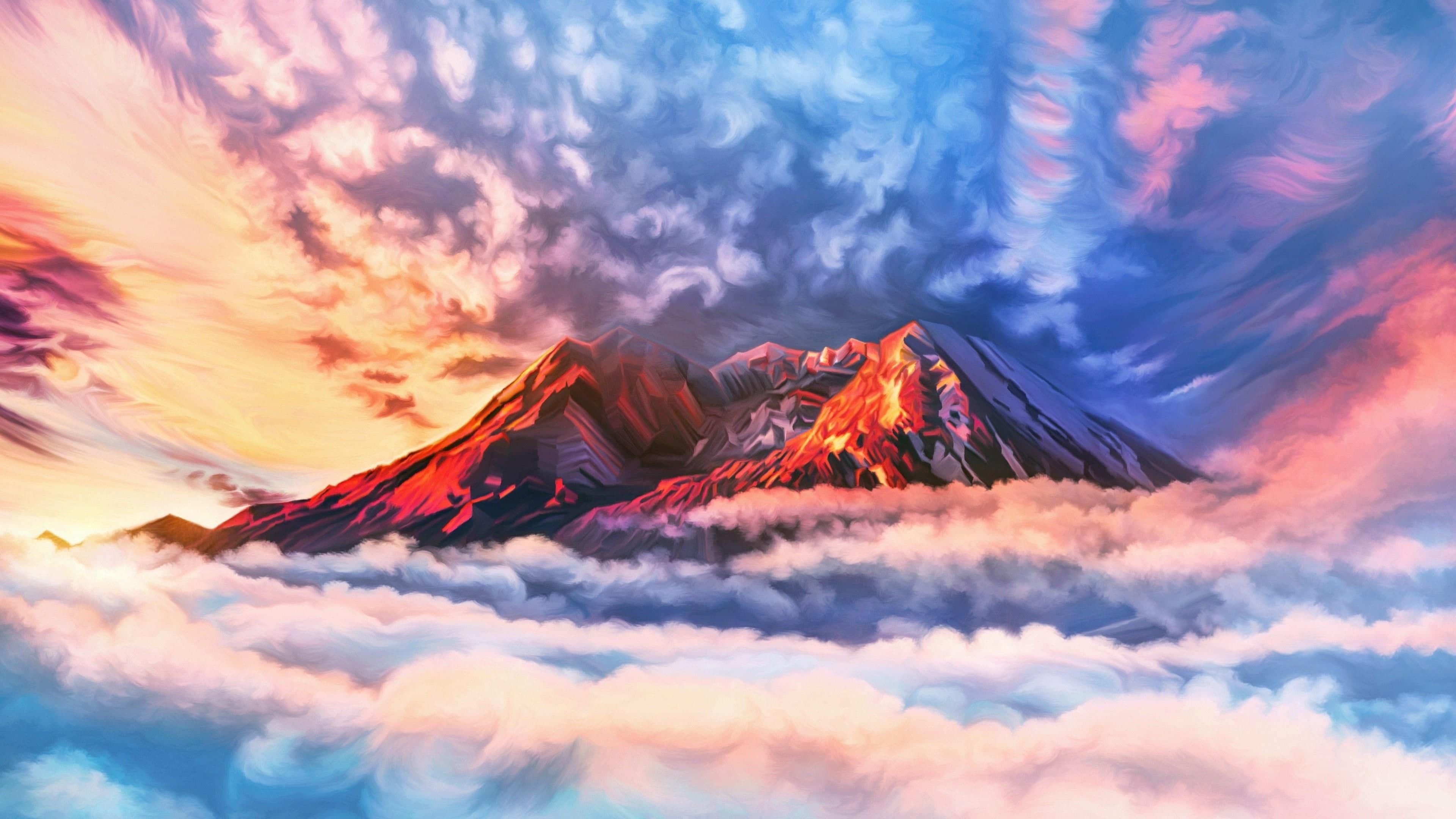 Scenery Of Mountain And Cloud Painting Wallpapers