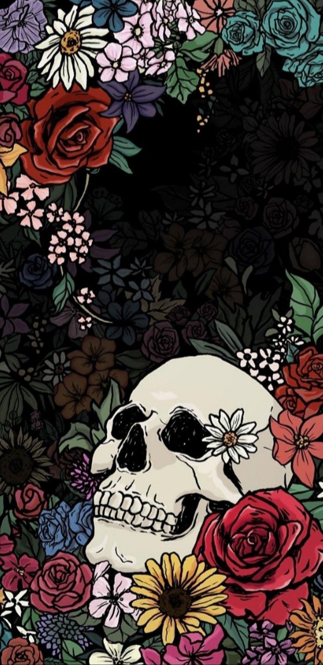 Skull Colorful Flowers Wallpapers