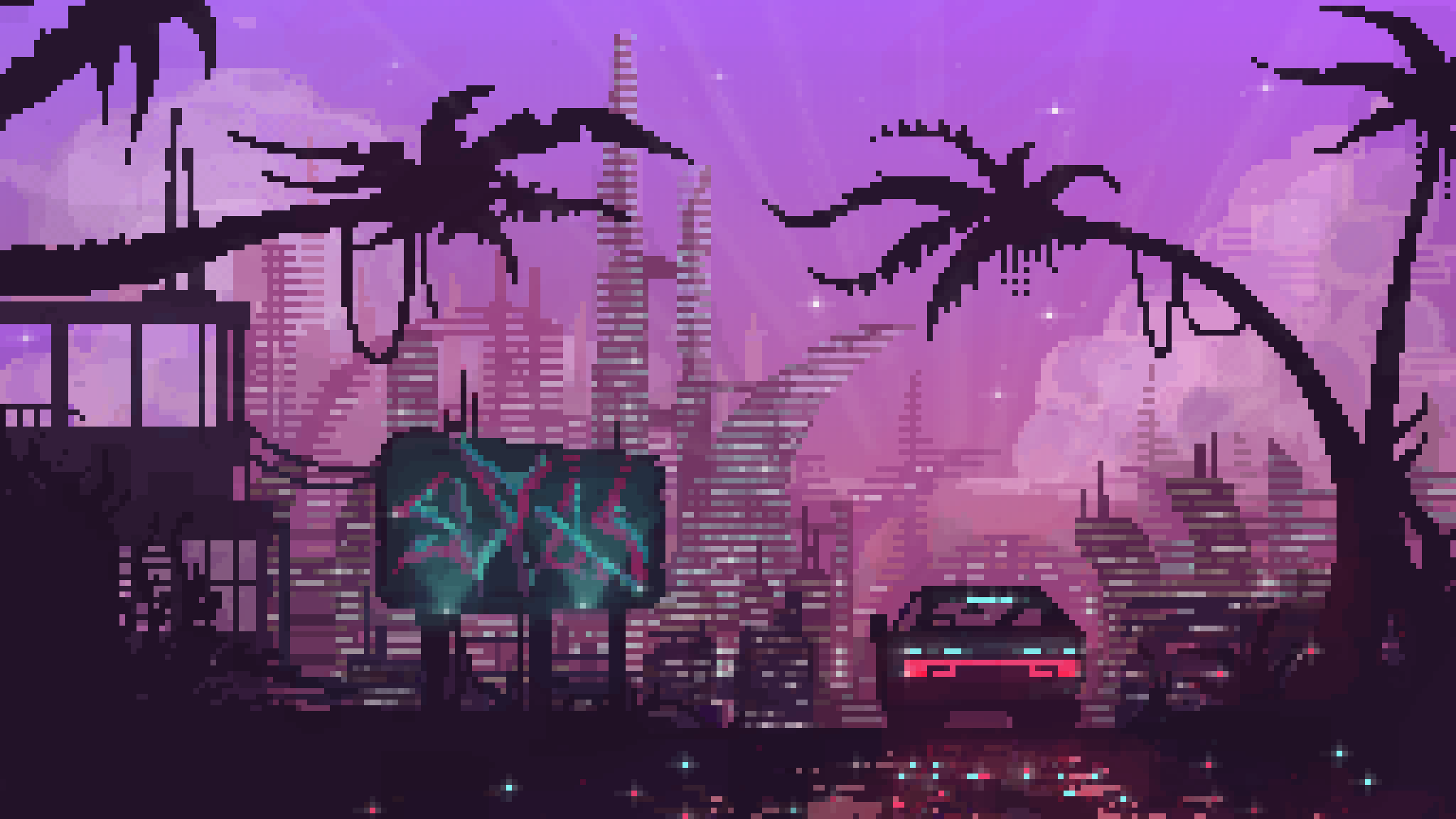 Synthwave 8-Bit Pixel Cityscape Wallpapers