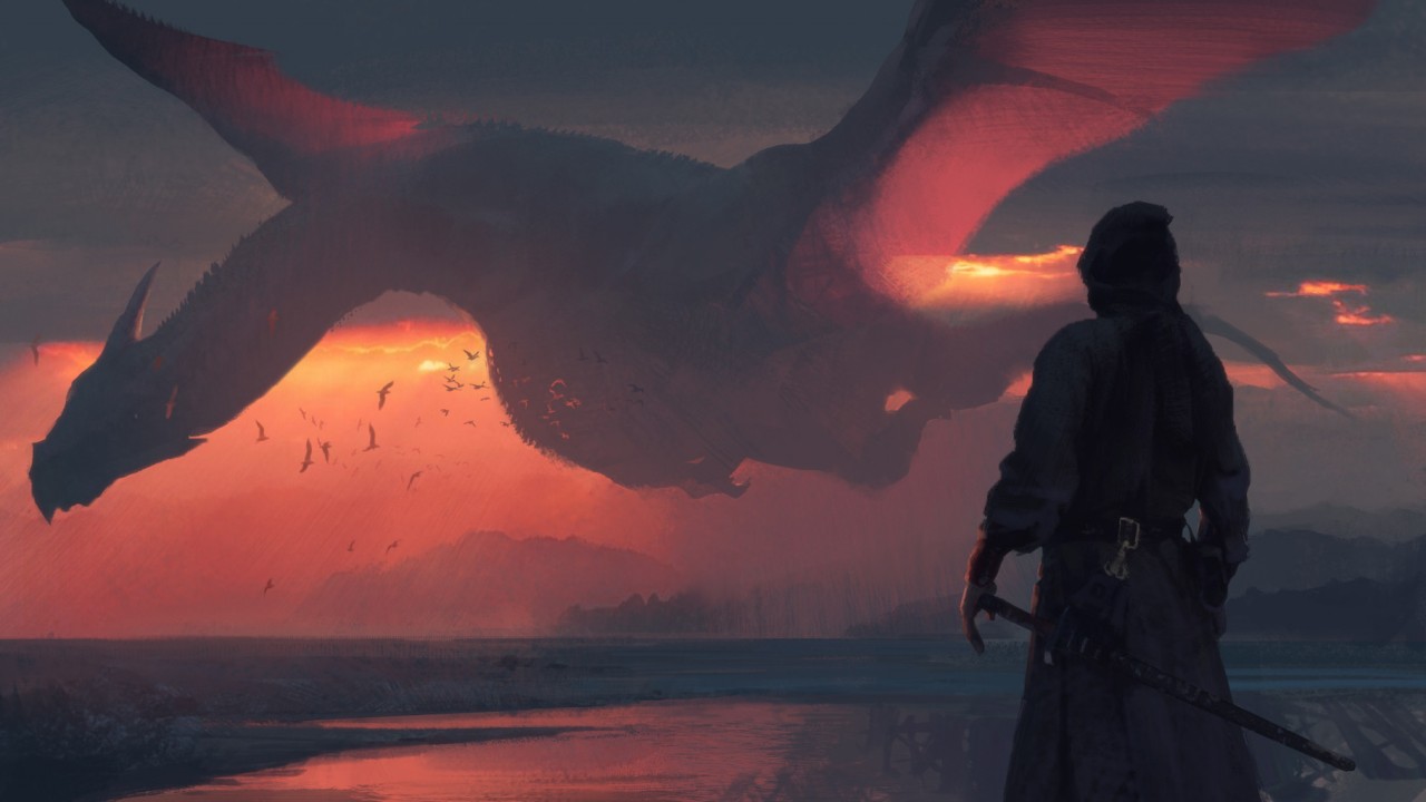 Warrior With Dragon In Sunrise Wallpapers