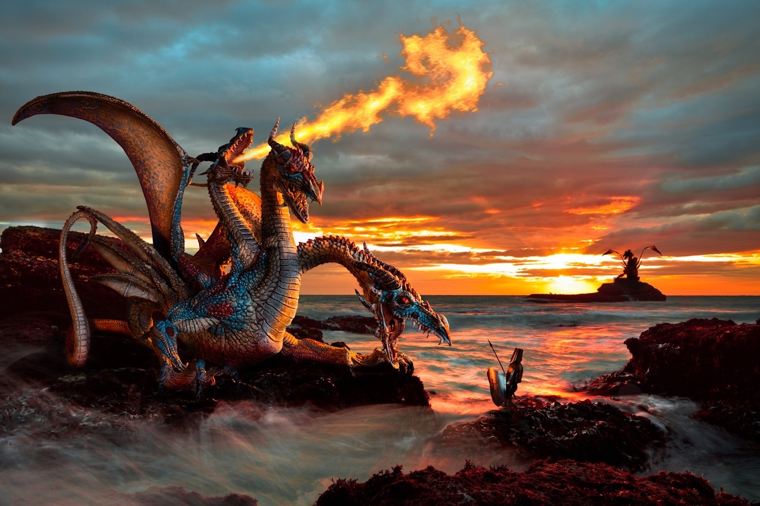 Warrior With Dragon In Sunrise Wallpapers