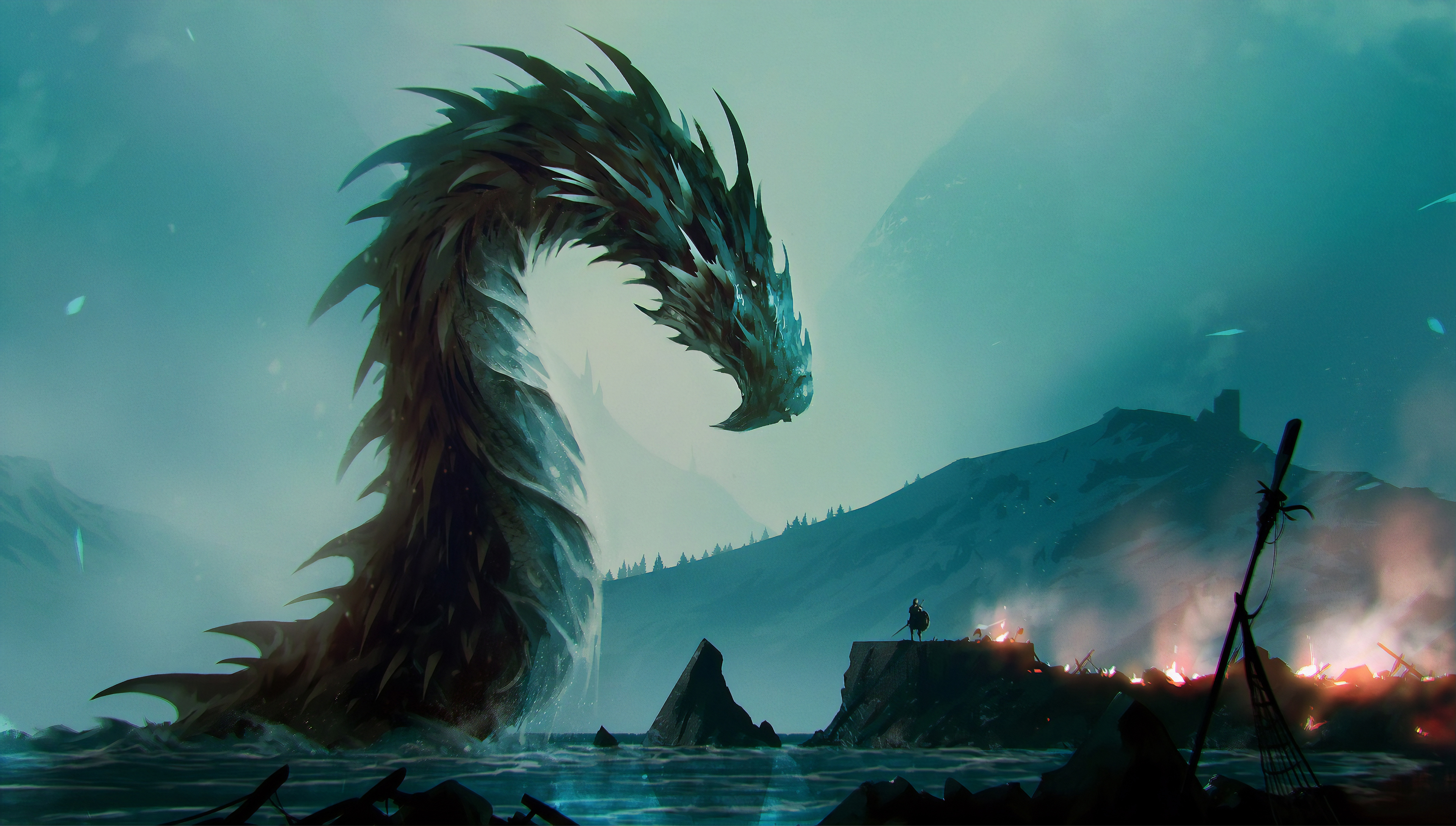 Warrior With Dragon In Sunrise Wallpapers