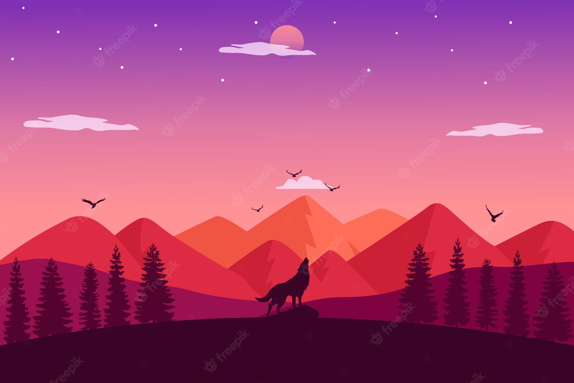 Wolf And Landscape Illustration Wallpapers