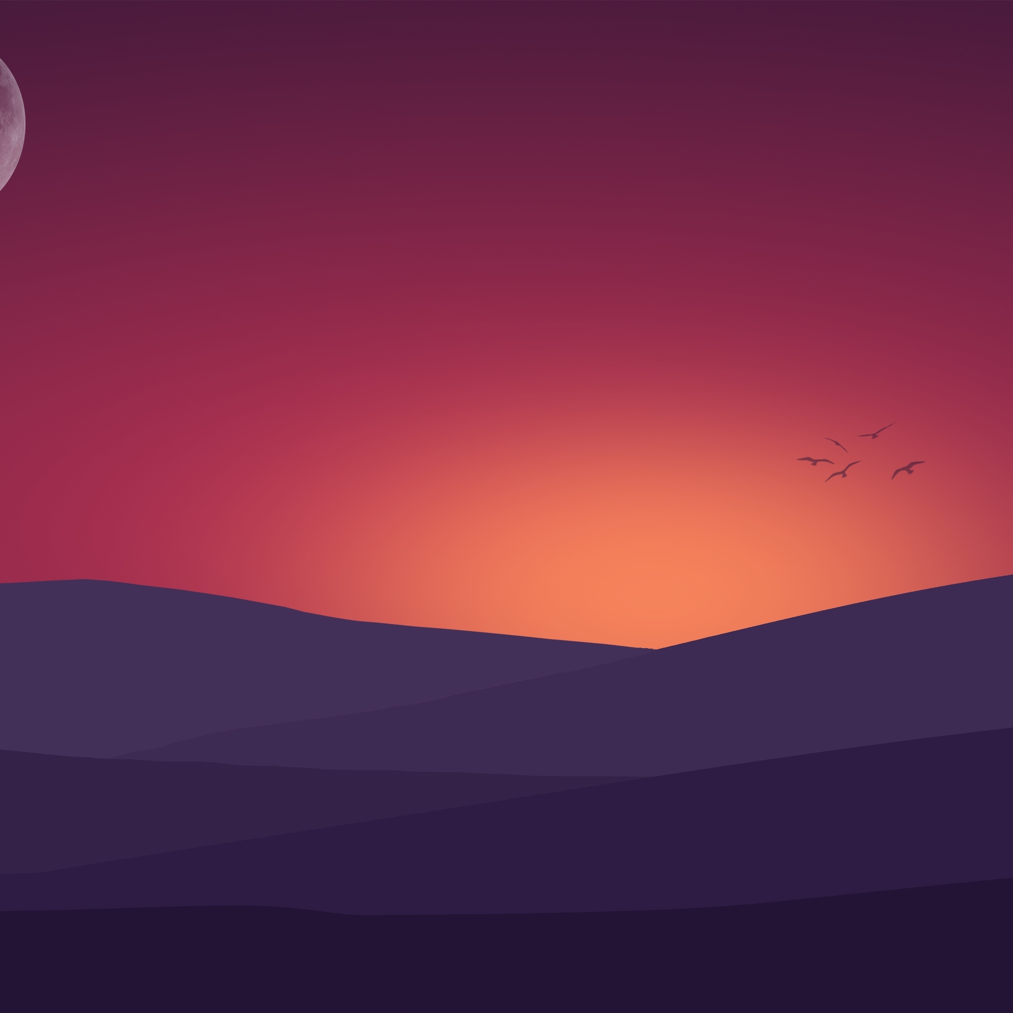 Minimal Sunset, Purple Mountains And Birds Wallpapers