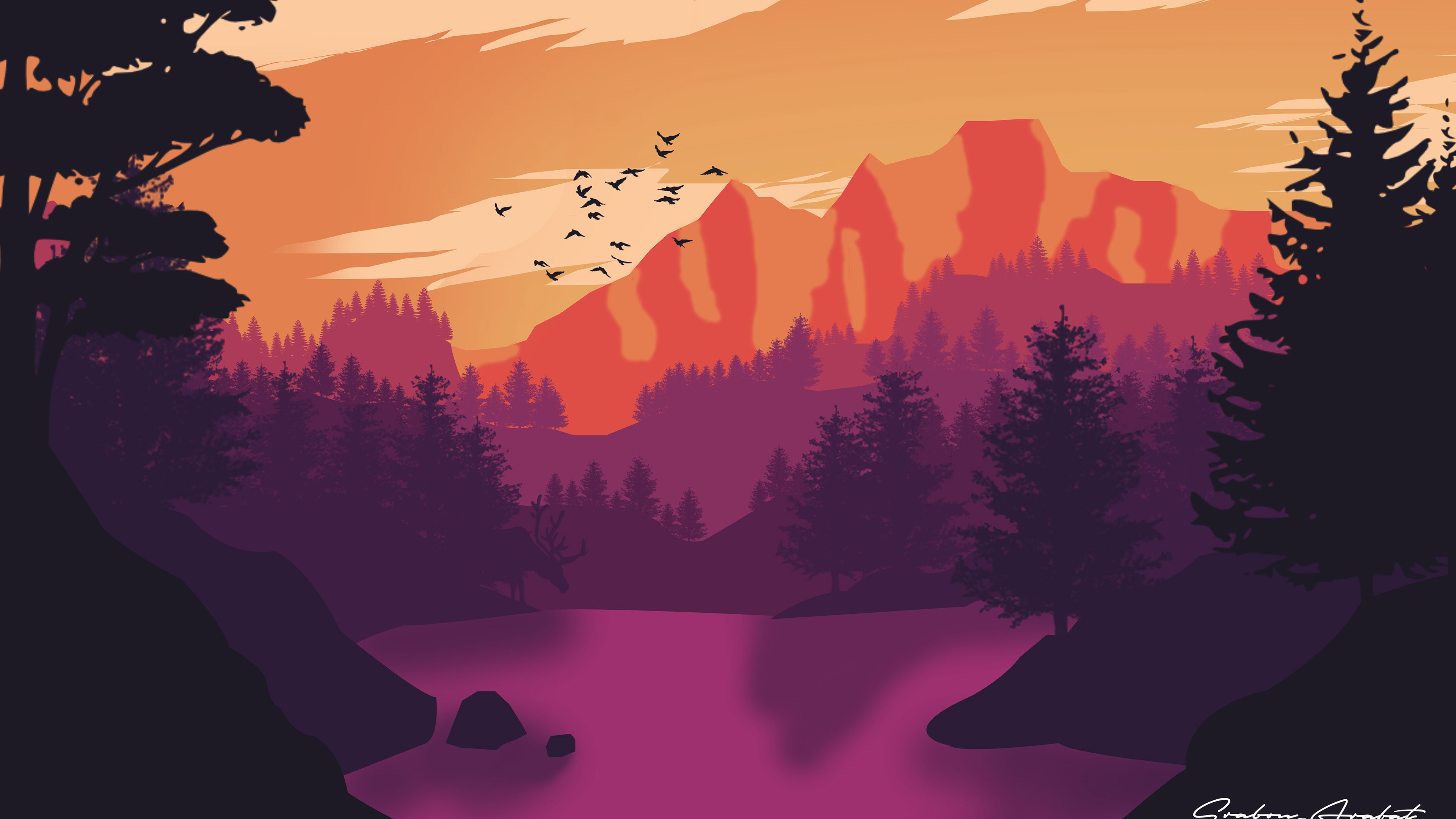 Minimal Sunset, Purple Mountains And Birds Wallpapers