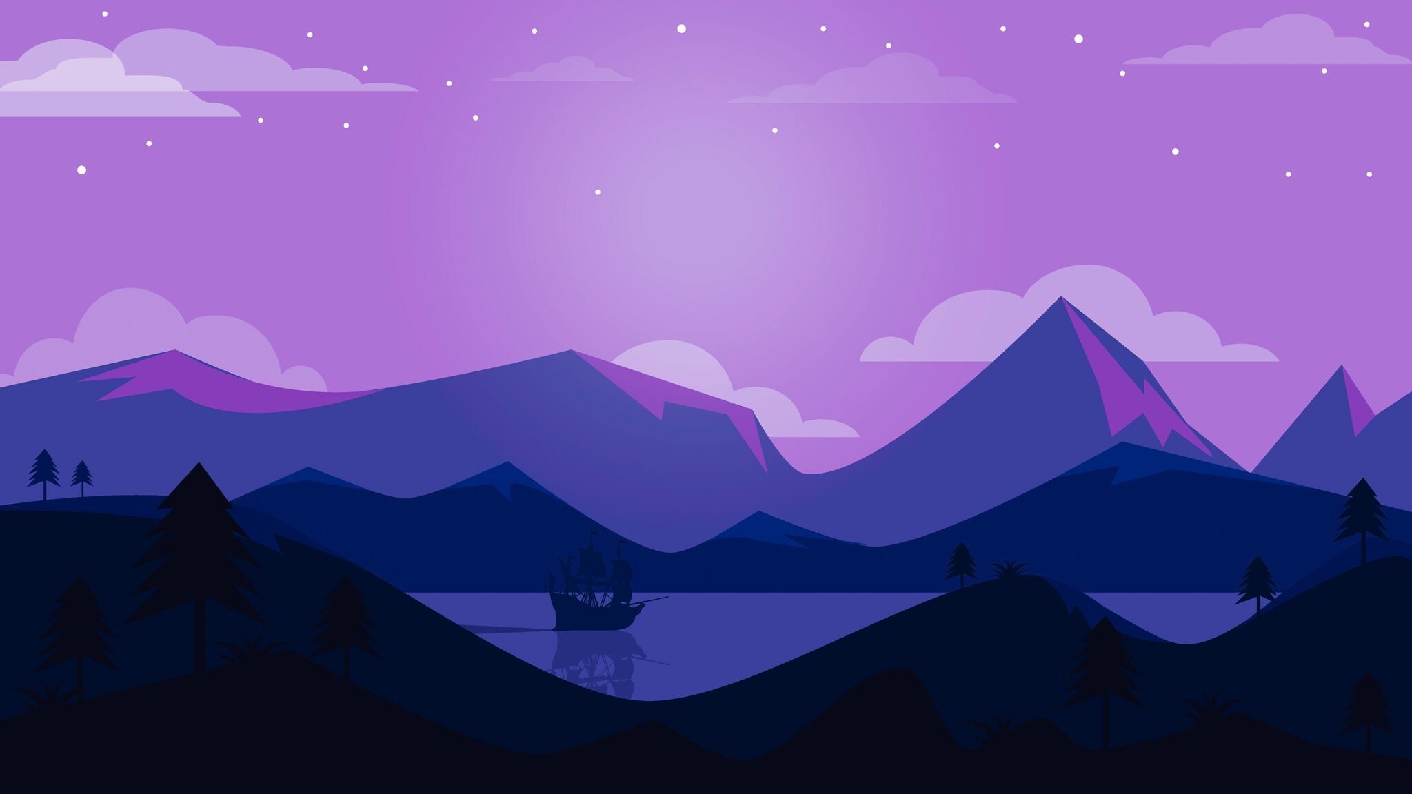 Minimal Sunset, Purple Mountains And Birds Wallpapers