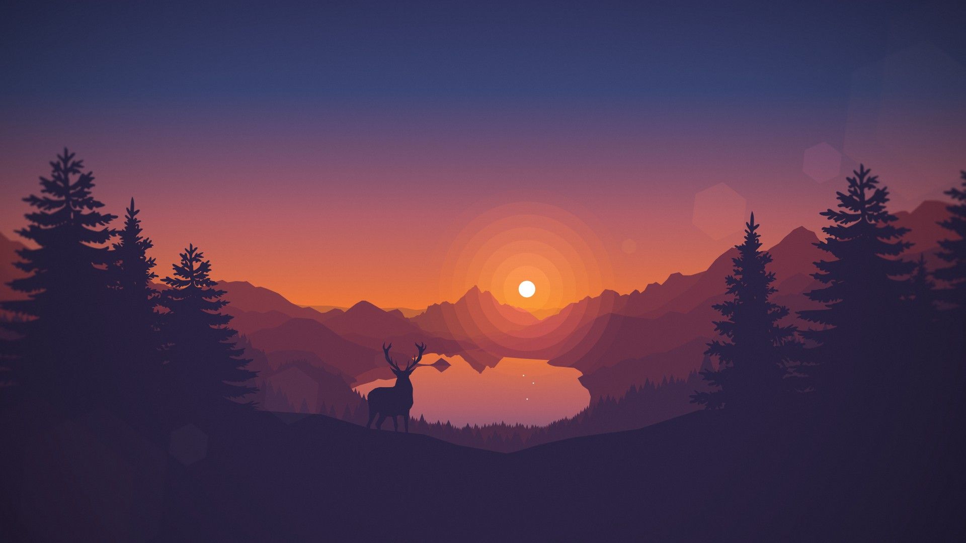 Minimal Sunset, Purple Mountains And Birds Wallpapers
