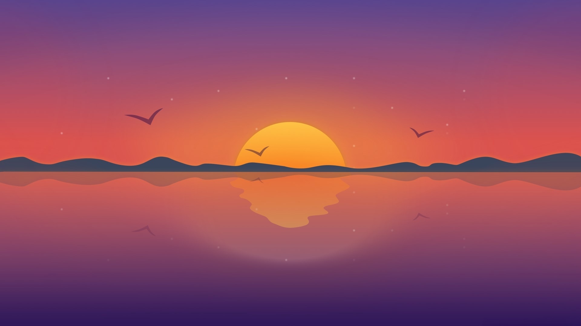 Minimal Sunset, Purple Mountains And Birds Wallpapers