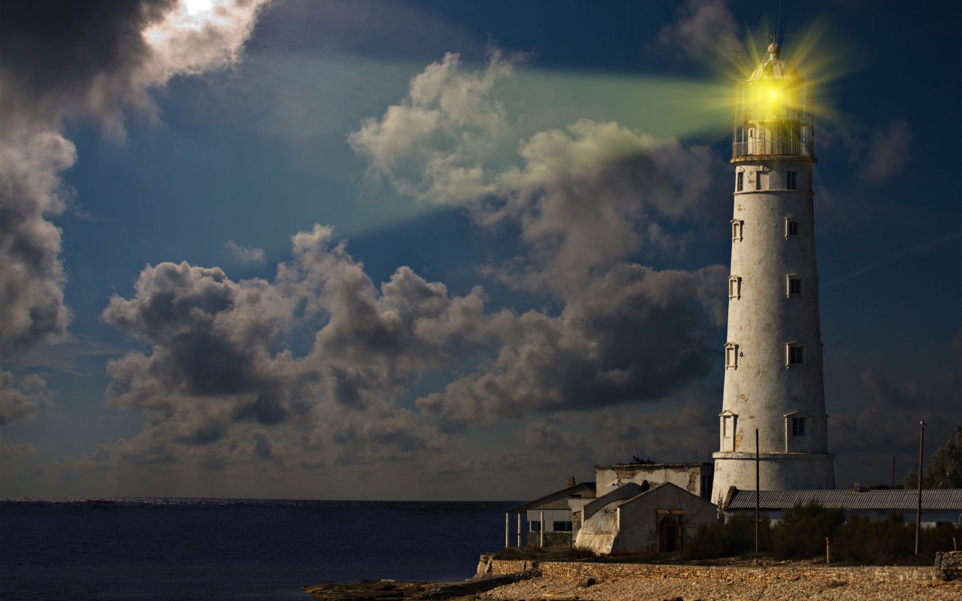 Minimalism Mountains Lighthouse Clouds Wallpapers