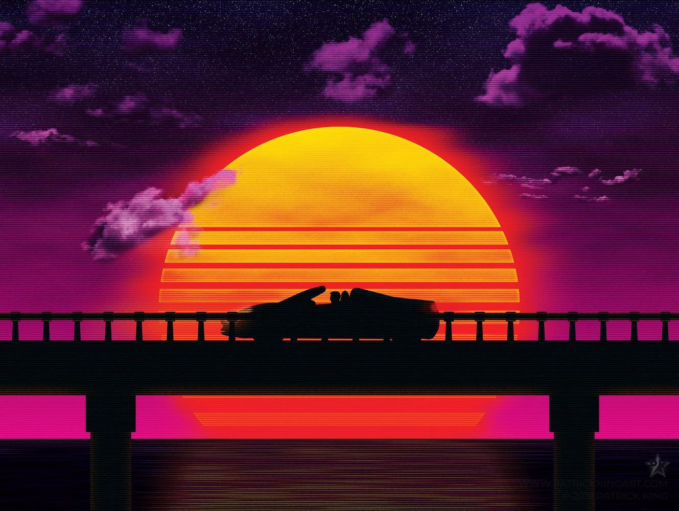 Outrun Style Car Moving On The Bridge Wallpapers