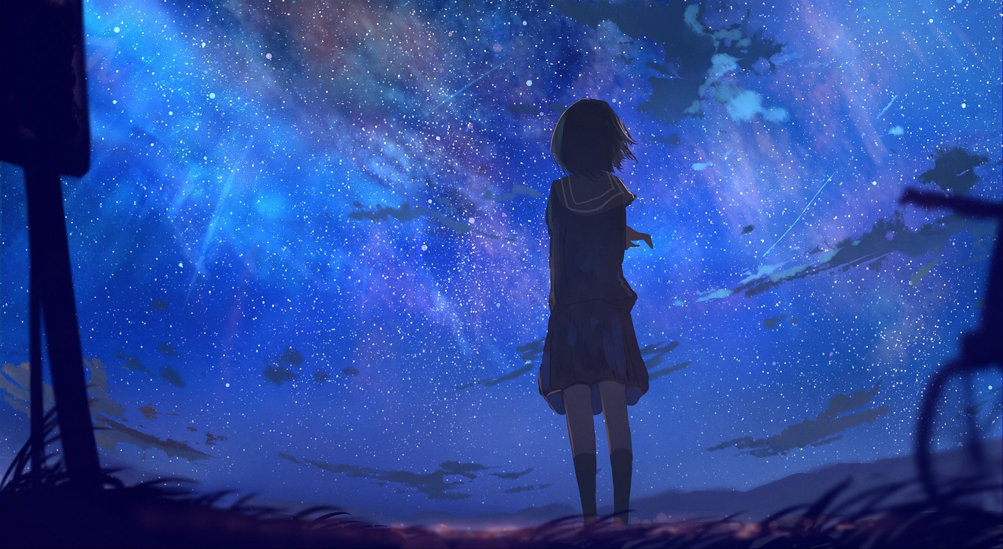 Anime Girl And Cool Starry Sky Wallpapers