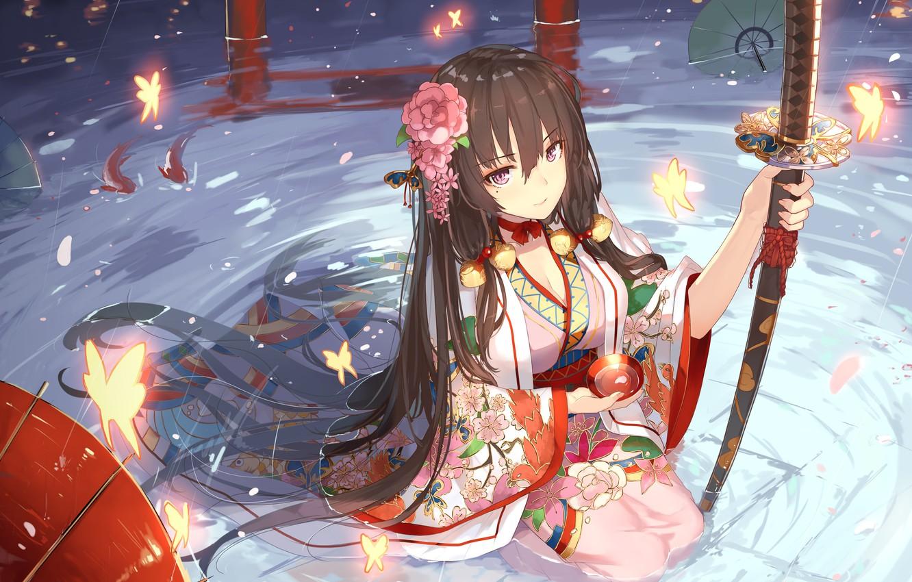 Anime Girl Kimono And Weapon Wallpapers