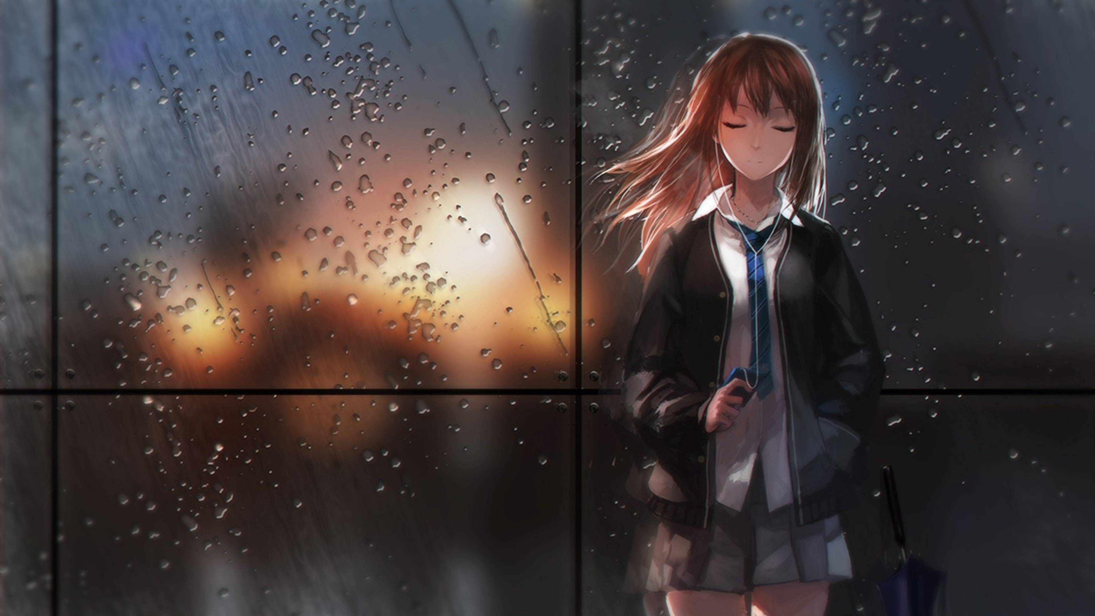 Anime Girl Standing In Rain Inside Torii 5K Wallpapers