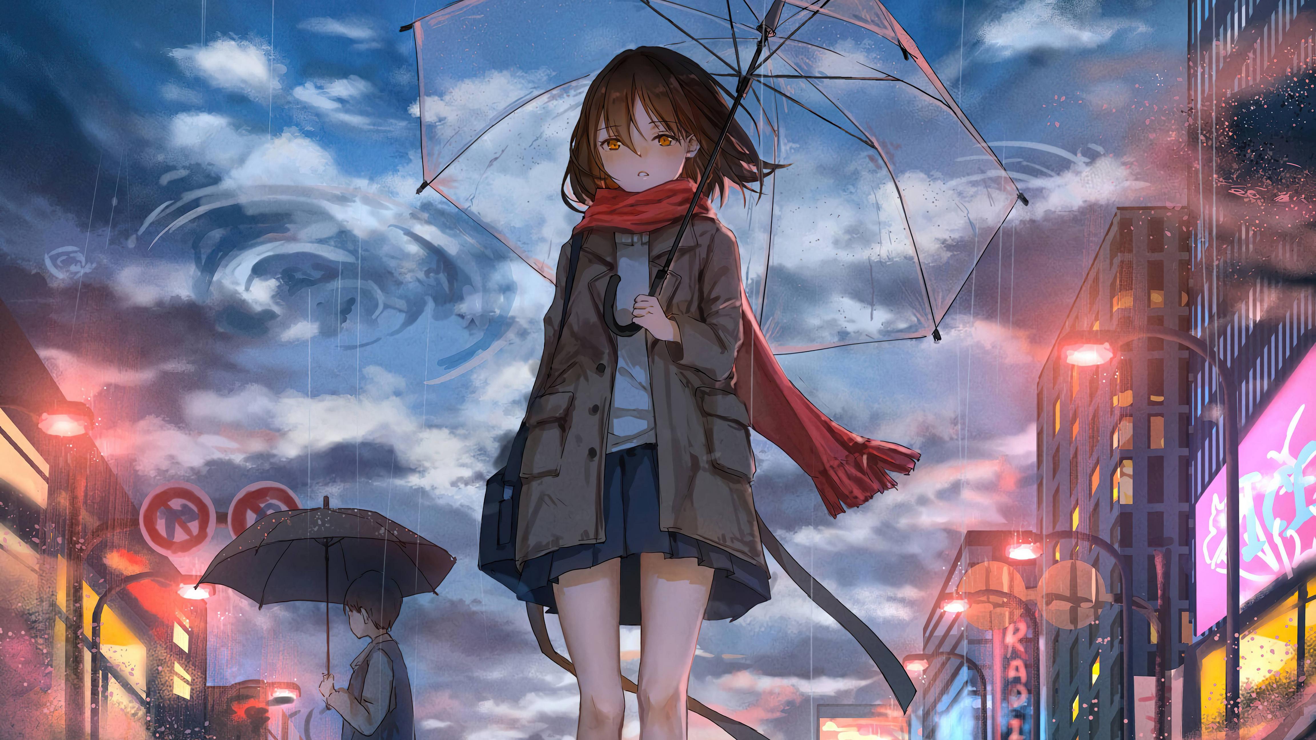 Anime Girl Standing In Rain Inside Torii 5K Wallpapers