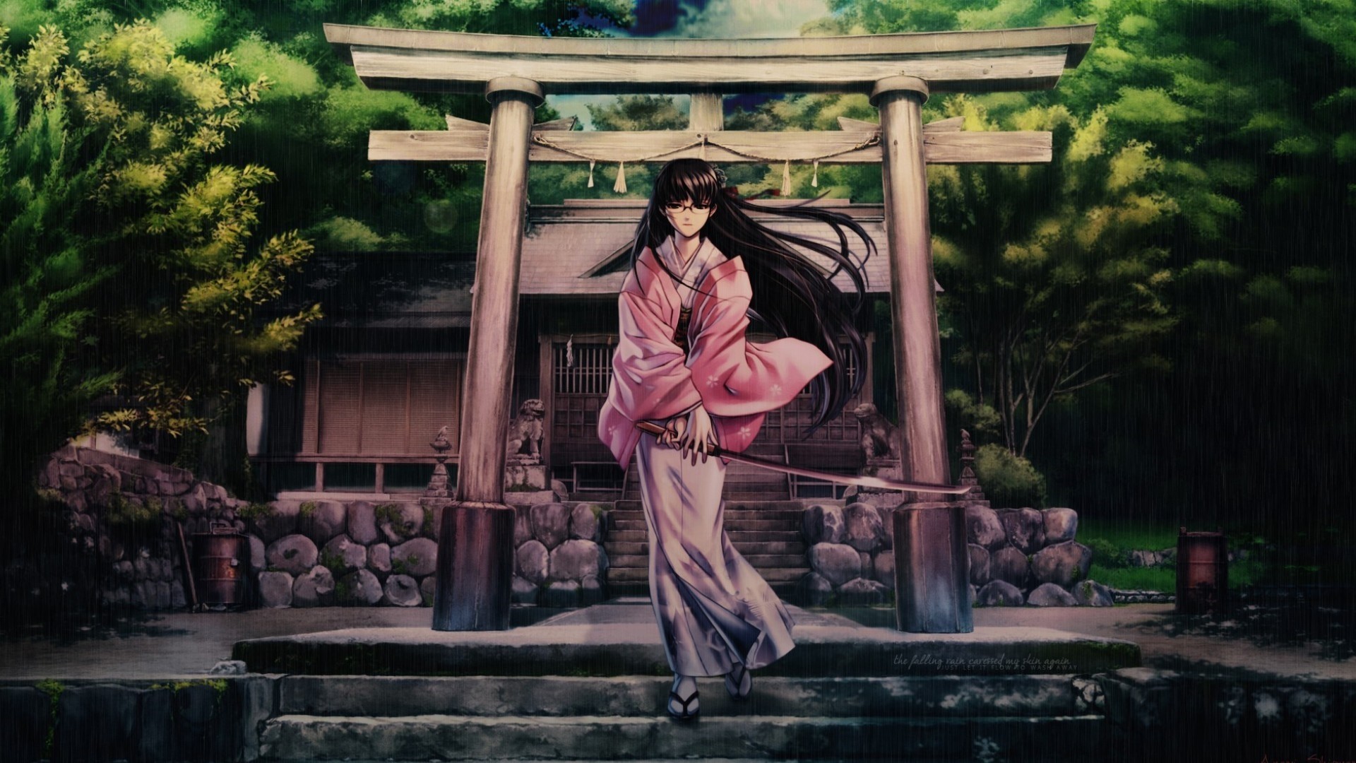 Anime Girl Standing In Rain Inside Torii 5K Wallpapers