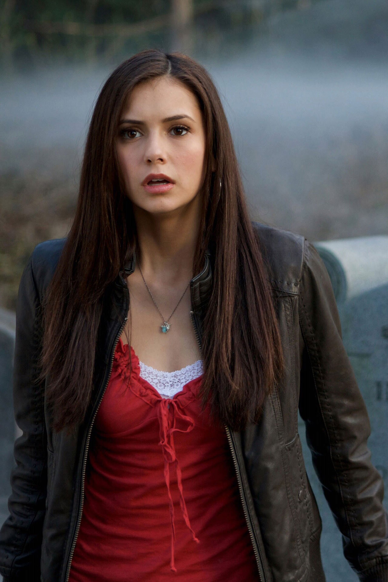 Nina Dobrev Red Leather Jacket Wallpapers