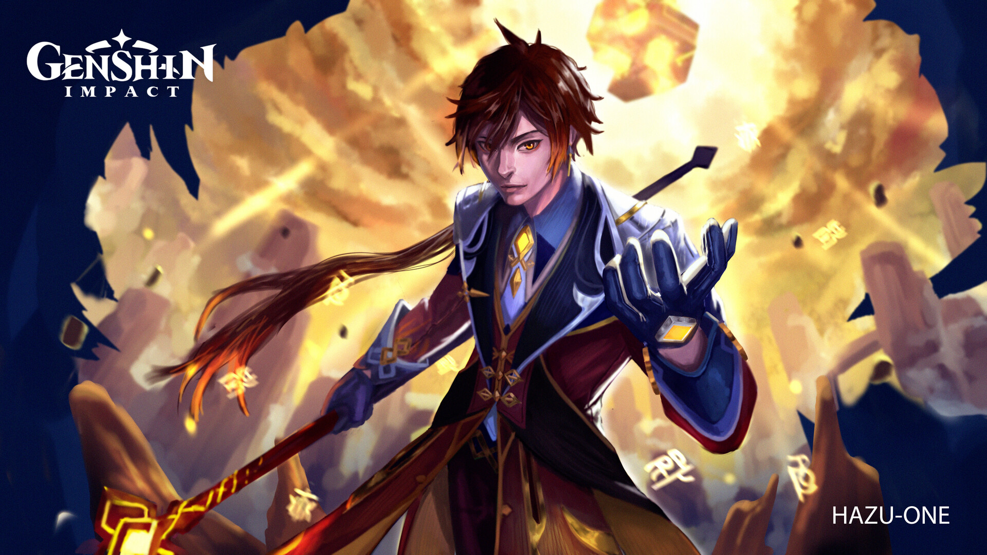 Zhongli In Fire Background Genshin Impact Wallpapers