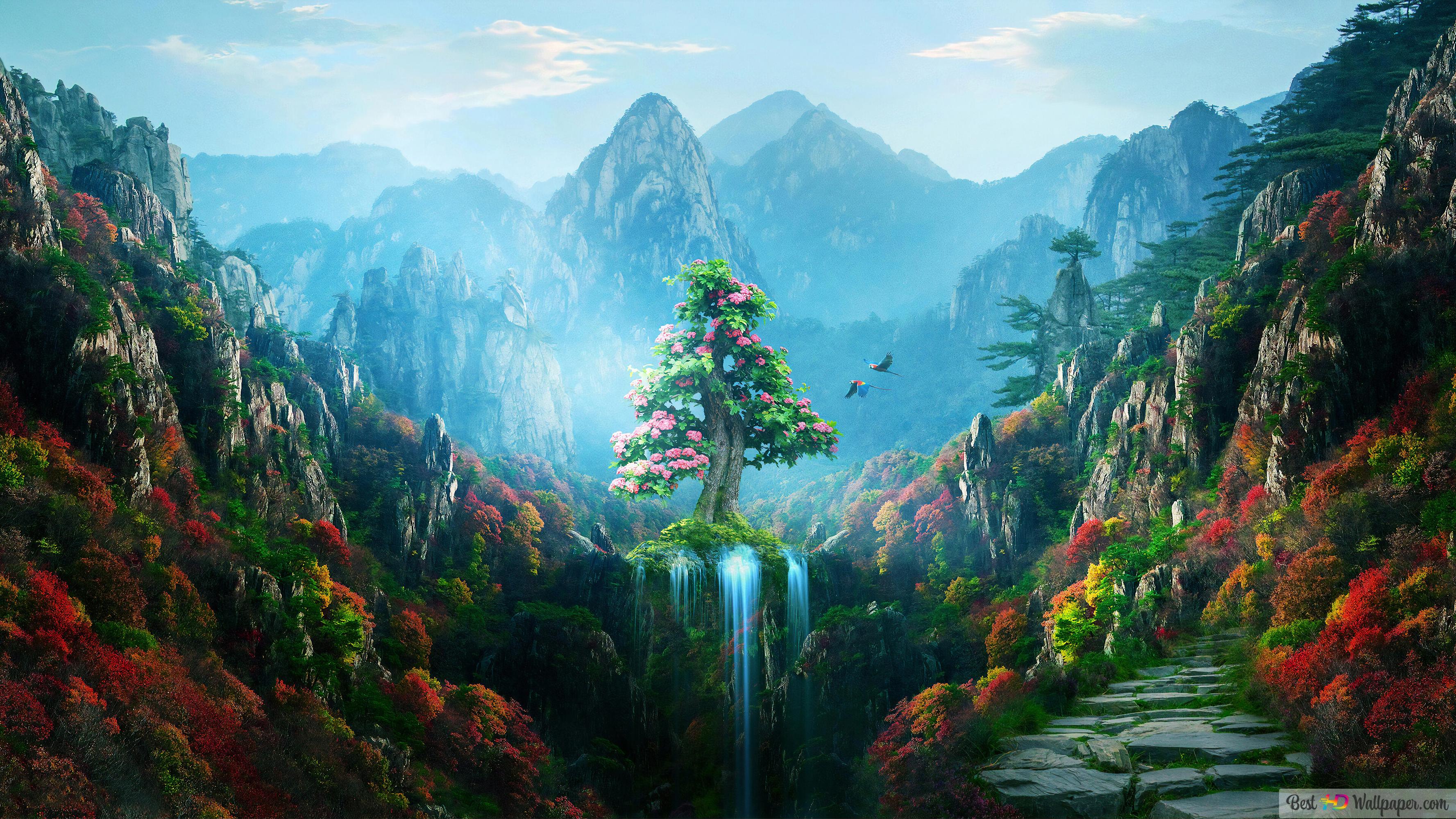 Fantasy Forest Landscape And Mountains
 Wallpapers