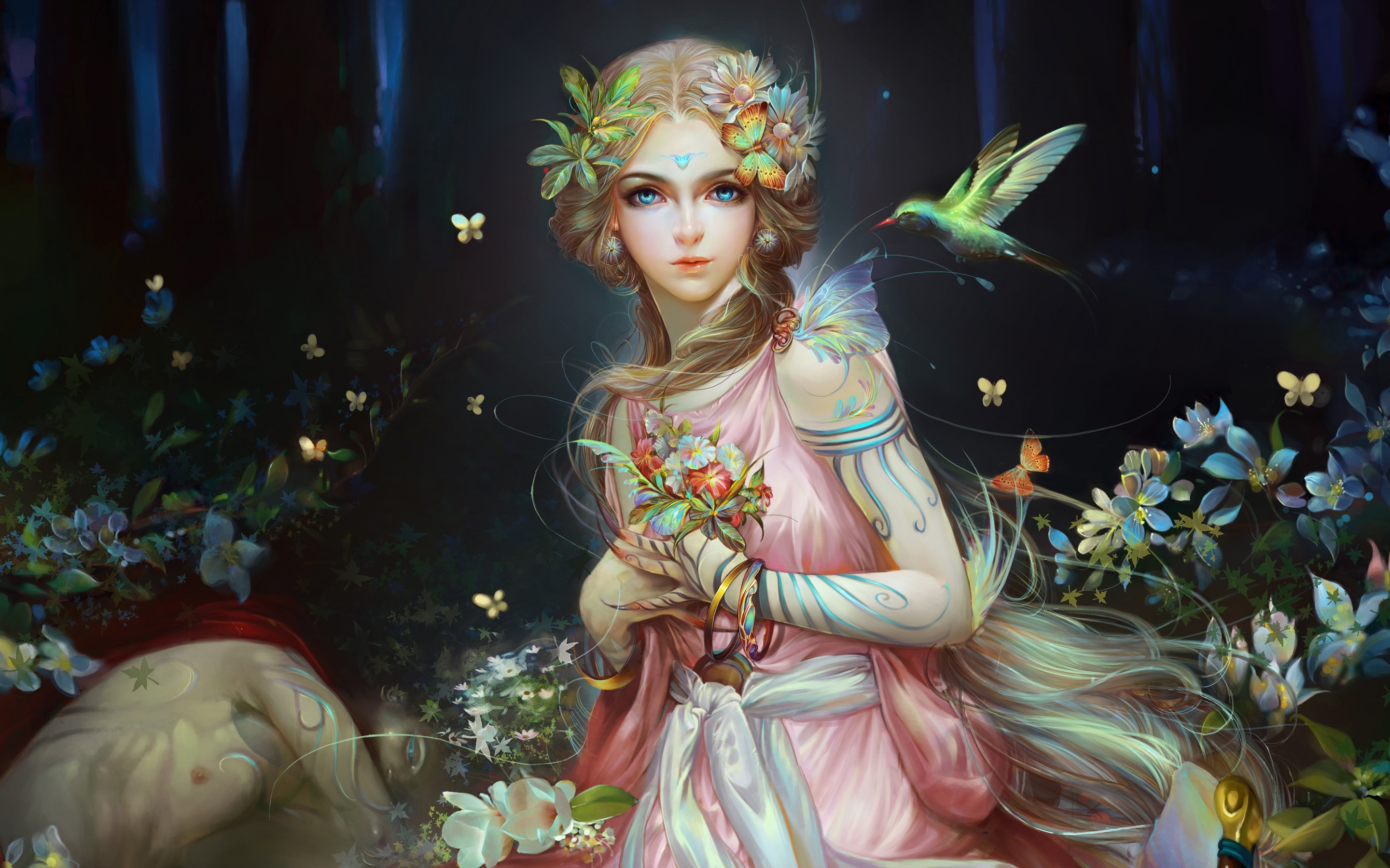 Fantasy Mask Women With Butterfly And Birds In Night
 Wallpapers