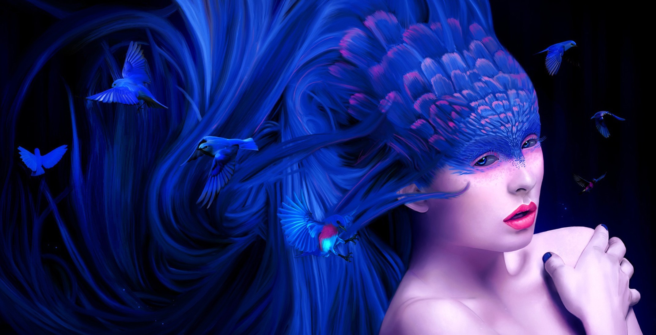 Fantasy Mask Women With Butterfly And Birds In Night
 Wallpapers