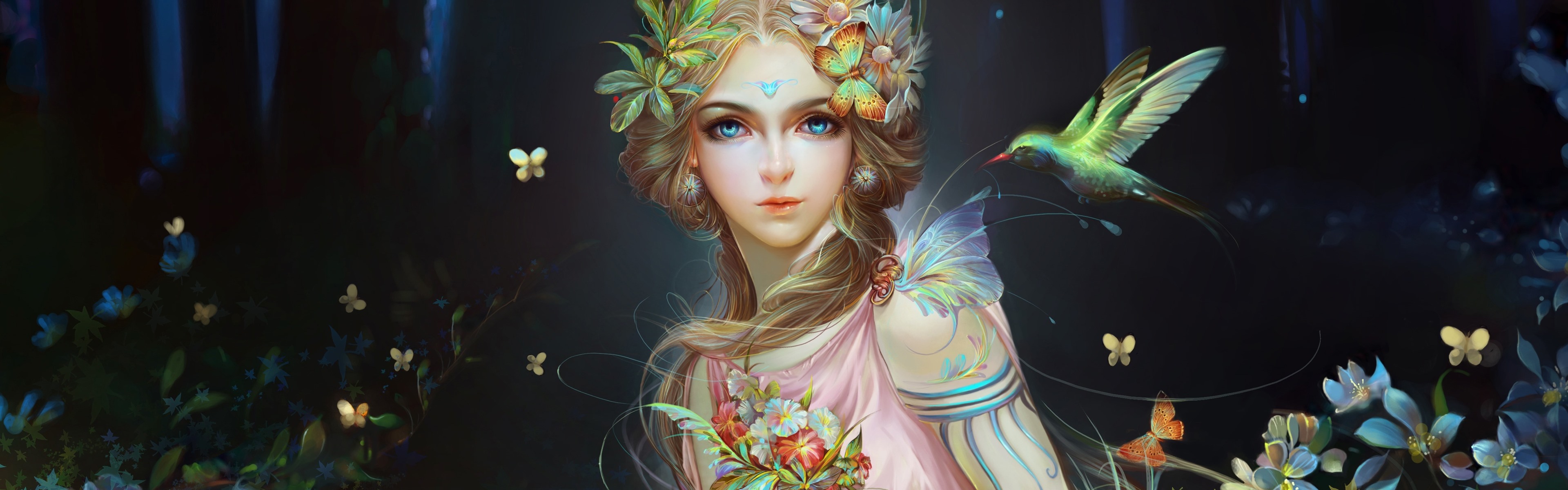 Fantasy Mask Women With Butterfly And Birds In Night
 Wallpapers