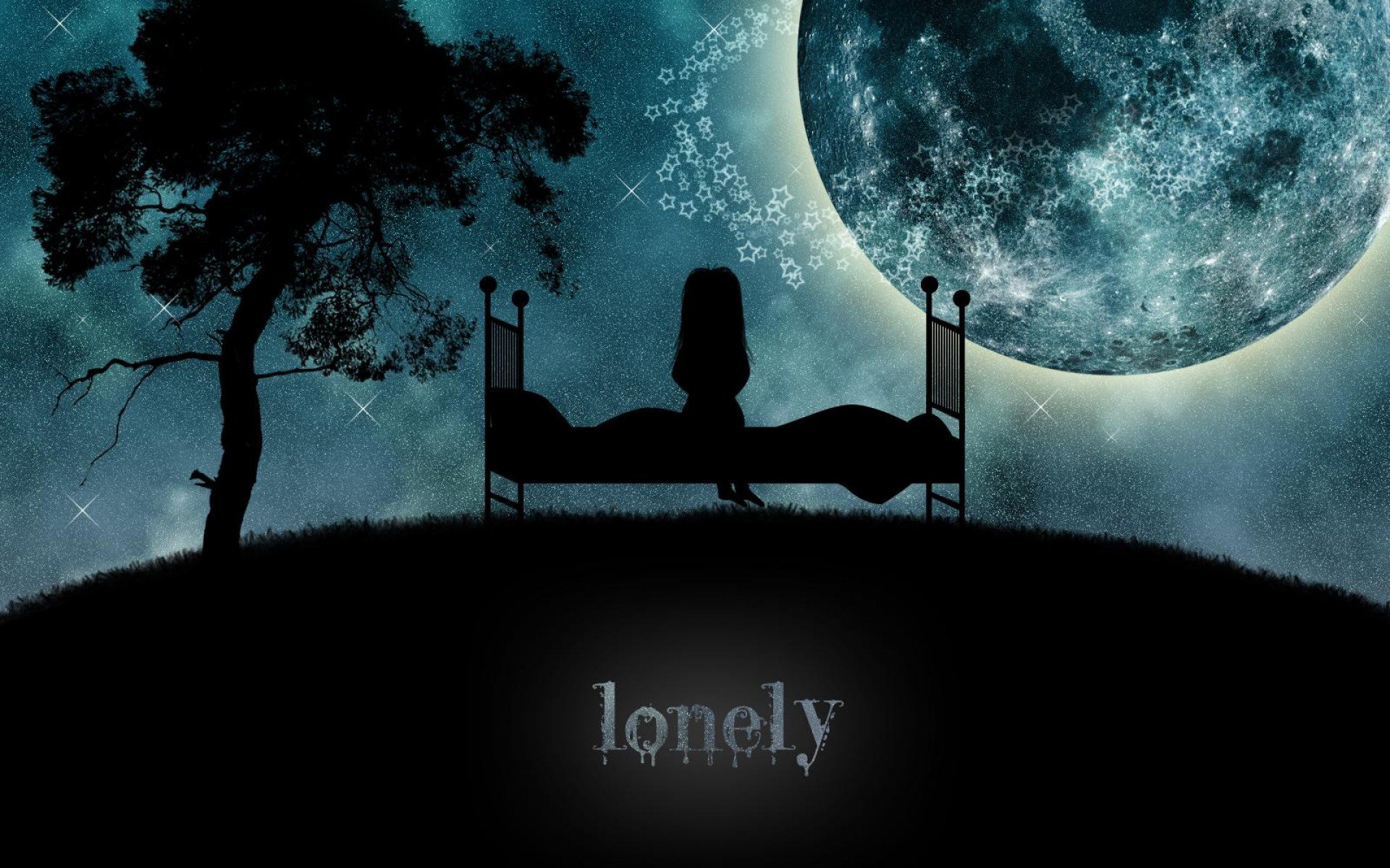 Lonely Person Silhouette Flying In Moon
 Wallpapers