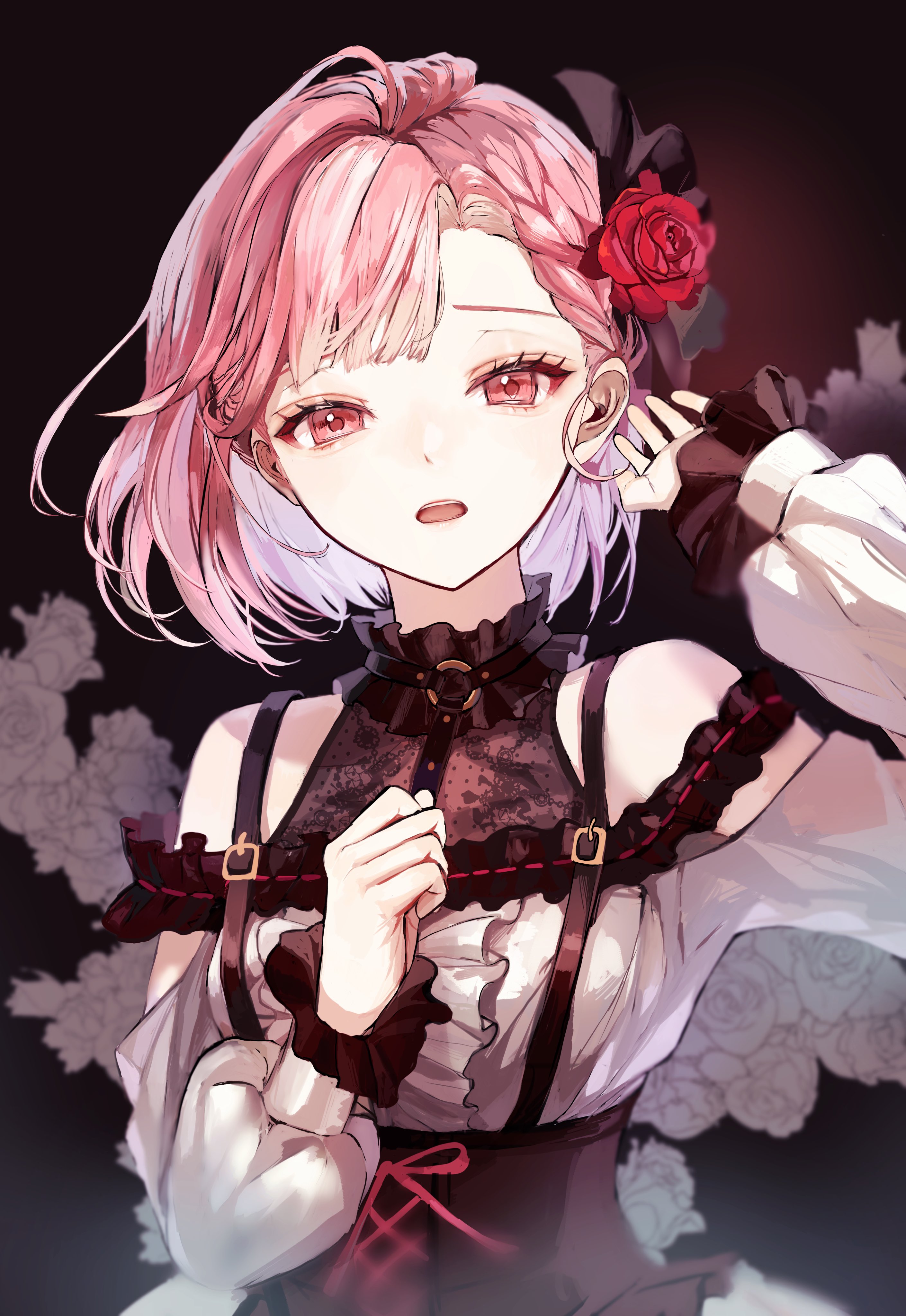 Pink Eye Anime Girl With Flower
 Wallpapers