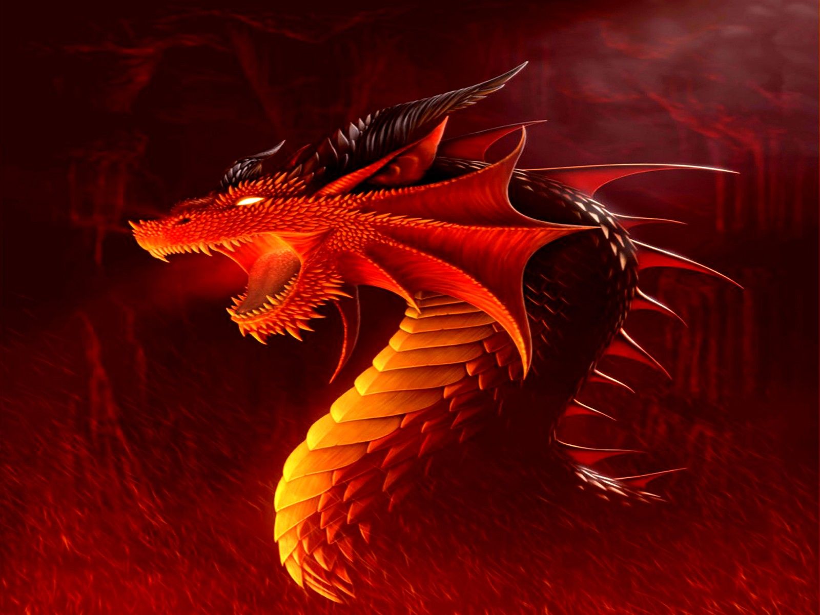 Red Dragon Sitting Outside Lake
 Wallpapers