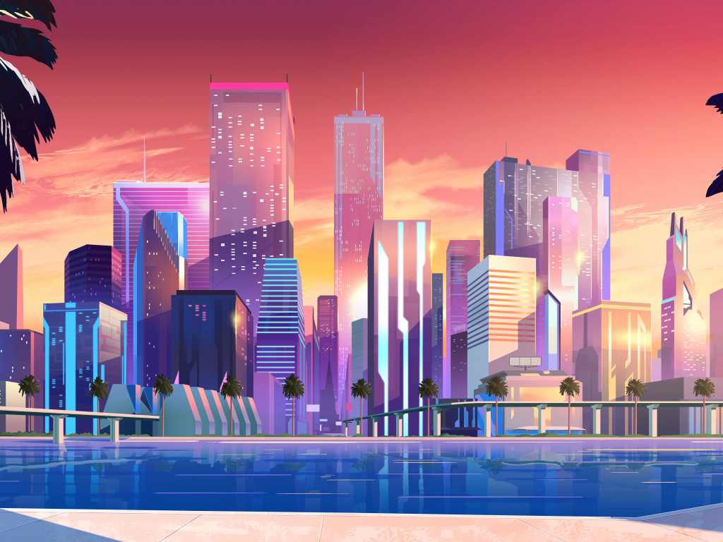 Retro Style City Purple Background